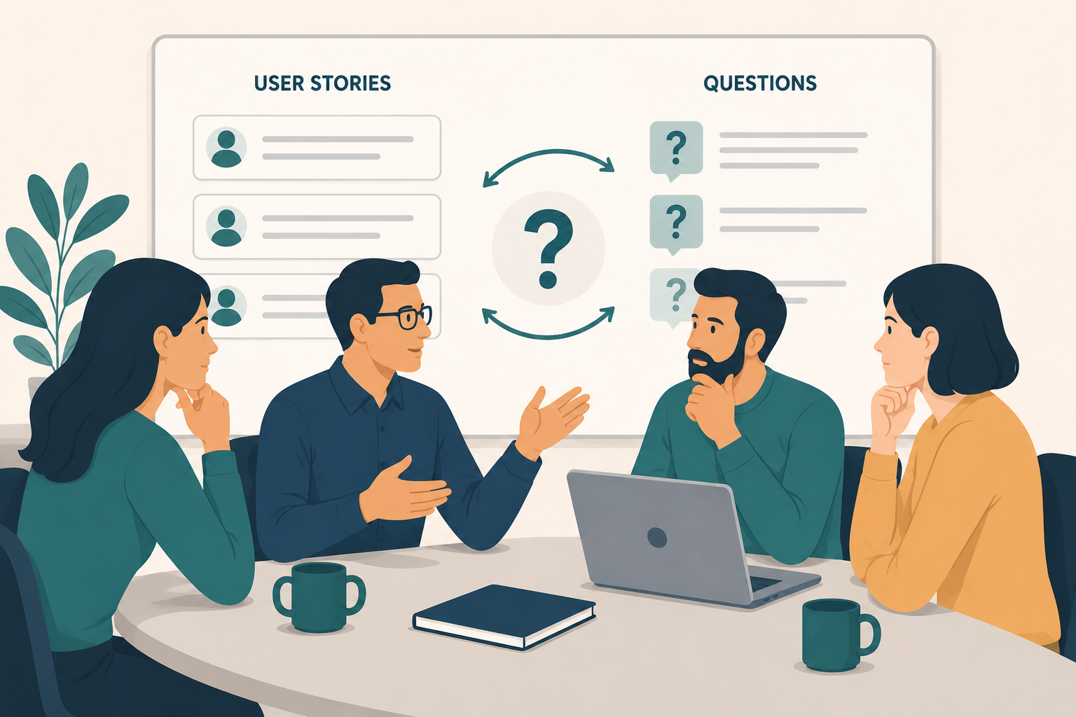 Illustration d'une réunion de cadrage Agile où un Business Analyst présente des user stories à une équipe projet. Un tableau affiche des user stories et des questions en attente de clarification, illustrant l'importance du modèle de données pour identifier les règles métier et compléter les critères d'acceptation avant le développement.