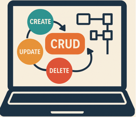 Illustration de la méthode CRUD avec un ordinateur portable affichant les actions Create, Read, Update, Delete reliées à un schéma simplifié de modèle de données.