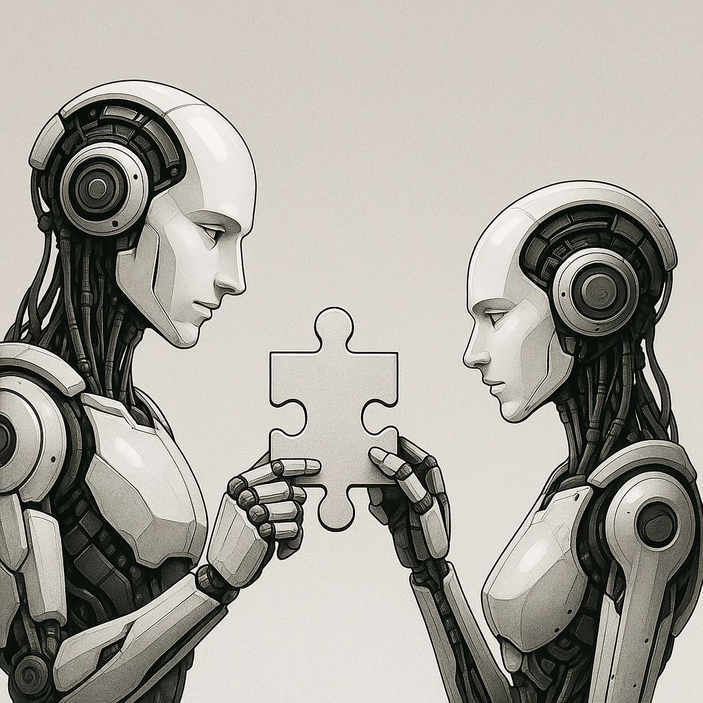 Deux robots humanoïdes collaborant pour assembler une pièce de puzzle, symbolisant la complémentarité entre un LLM et une IA spécialisée dans un workflow simple.