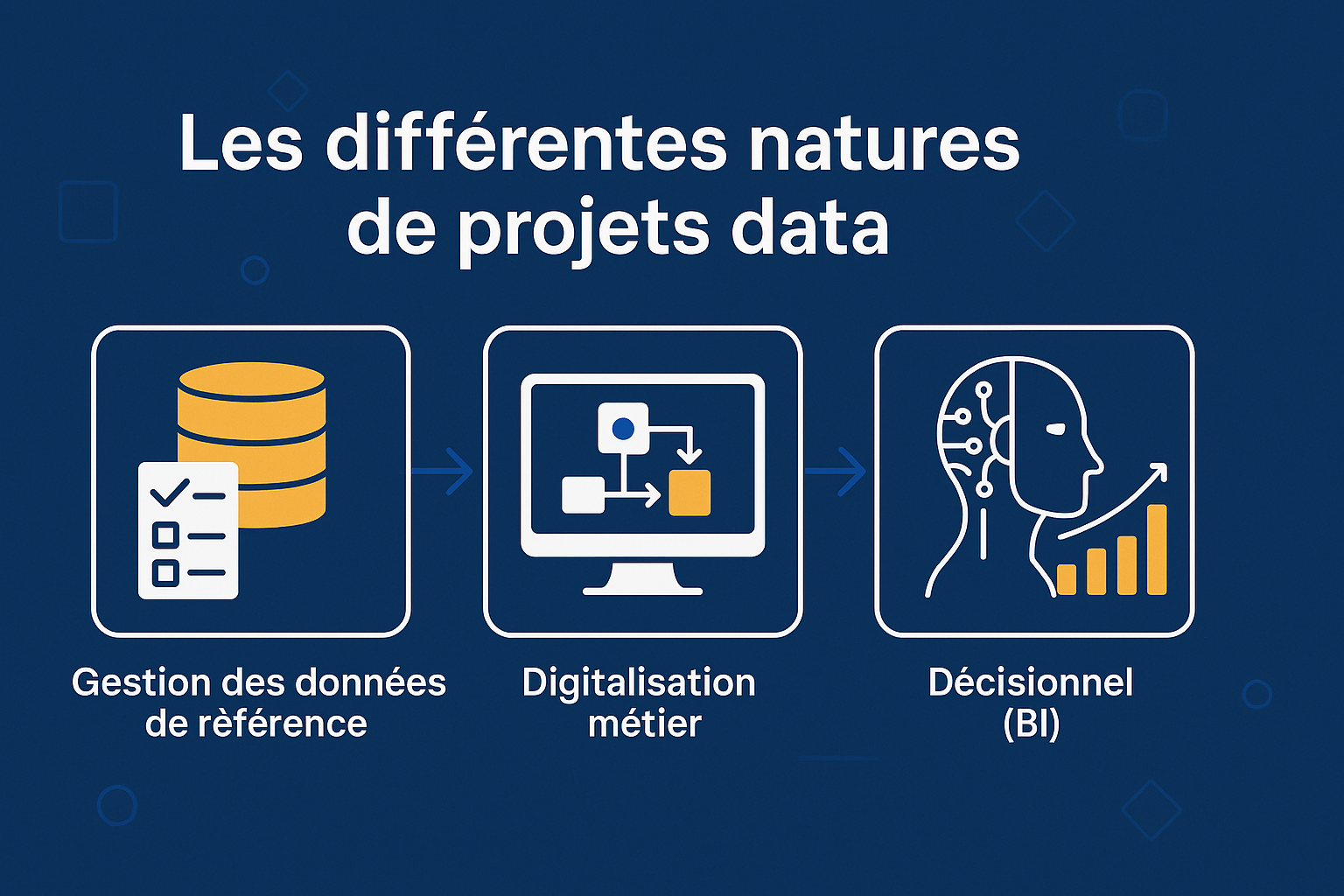 Infographie des trois types de projets data : MDM, digitalisation métier, BI.
