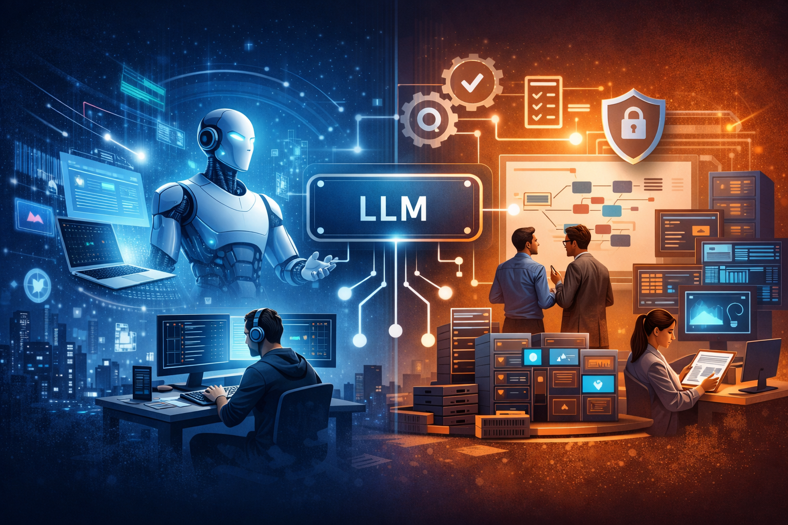 Illustration numérique montrant, au centre, un noyau LLM relié par des flux lumineux à deux mondes : à gauche une IA humanoïde entourée d’écrans et de données symbolisant l’automatisation, à droite une équipe humaine (développeur, architecte, analyste) pilotant des systèmes sécurisés, représentant la gouvernance et le contrôle de l’IA en entreprise.