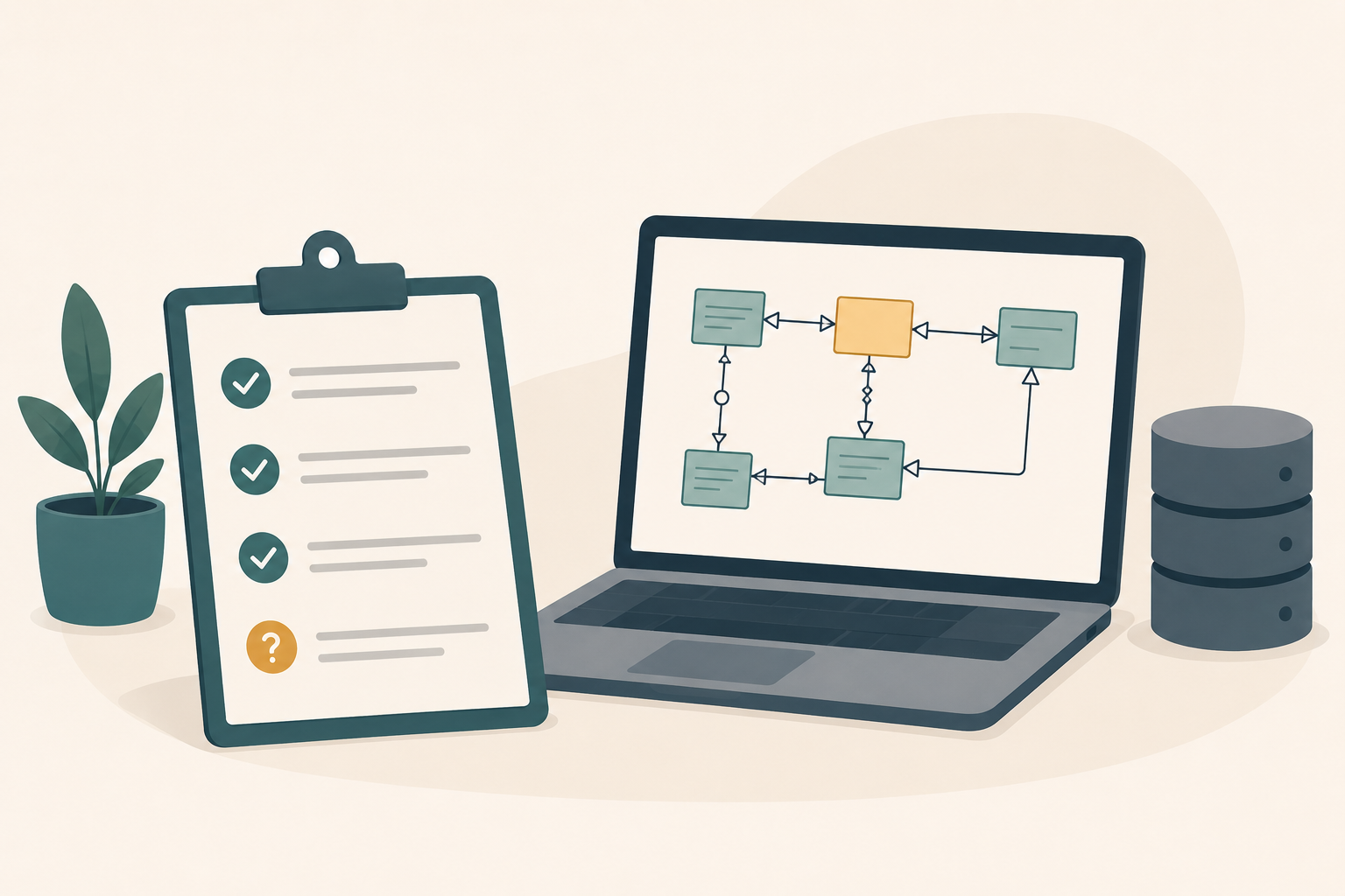 Illustration représentant un clipboard avec une checklist (dont un item encore en question) posé devant un ordinateur portable affichant un modèle de données ERD — symbolisant l'utilisation d'un modèle de données pour cadrer et valider des user stories.