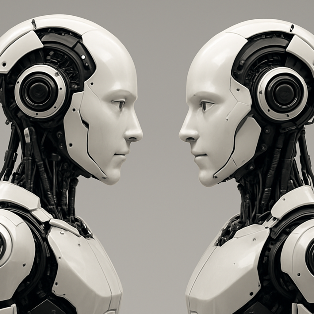 Deux robots humanoïdes face à face, se regardant directement, avec des visages lisses et des composants mécaniques visibles, évoquant la confrontation ou la complémentarité entre deux intelligences artificielles.