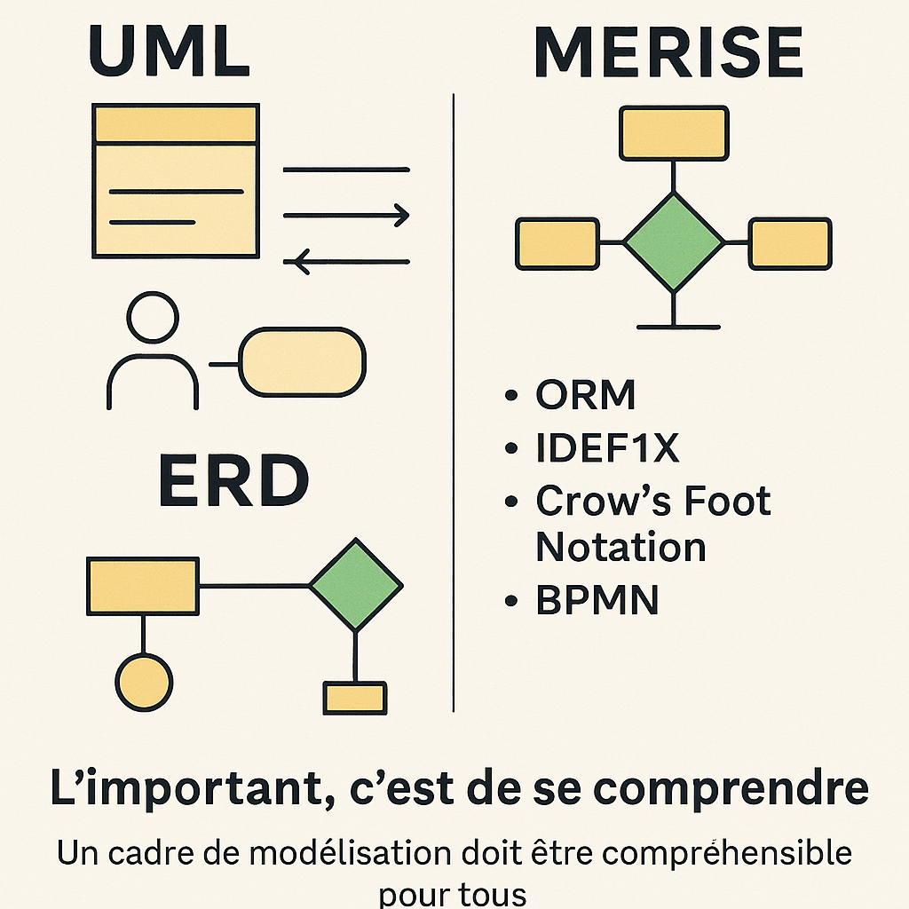 Infographie présentant les principaux cadres de modélisation des données (UML, MERISE, ERD) et d’autres notations comme ORM, IDEF1X, Crow’s Foot et BPMN, avec le message clé : l’important est de se comprendre.