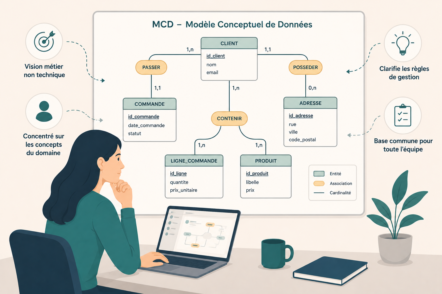 Illustration représentant une Business Analyst analysant un modèle conceptuel de données (MCD) sur un tableau. Le schéma montre plusieurs entités métier reliées entre elles par des associations et des cardinalités, illustrant l'utilisation du MCD pour comprendre un domaine métier, formaliser les règles de gestion et faciliter la communication entre les équipes projet.