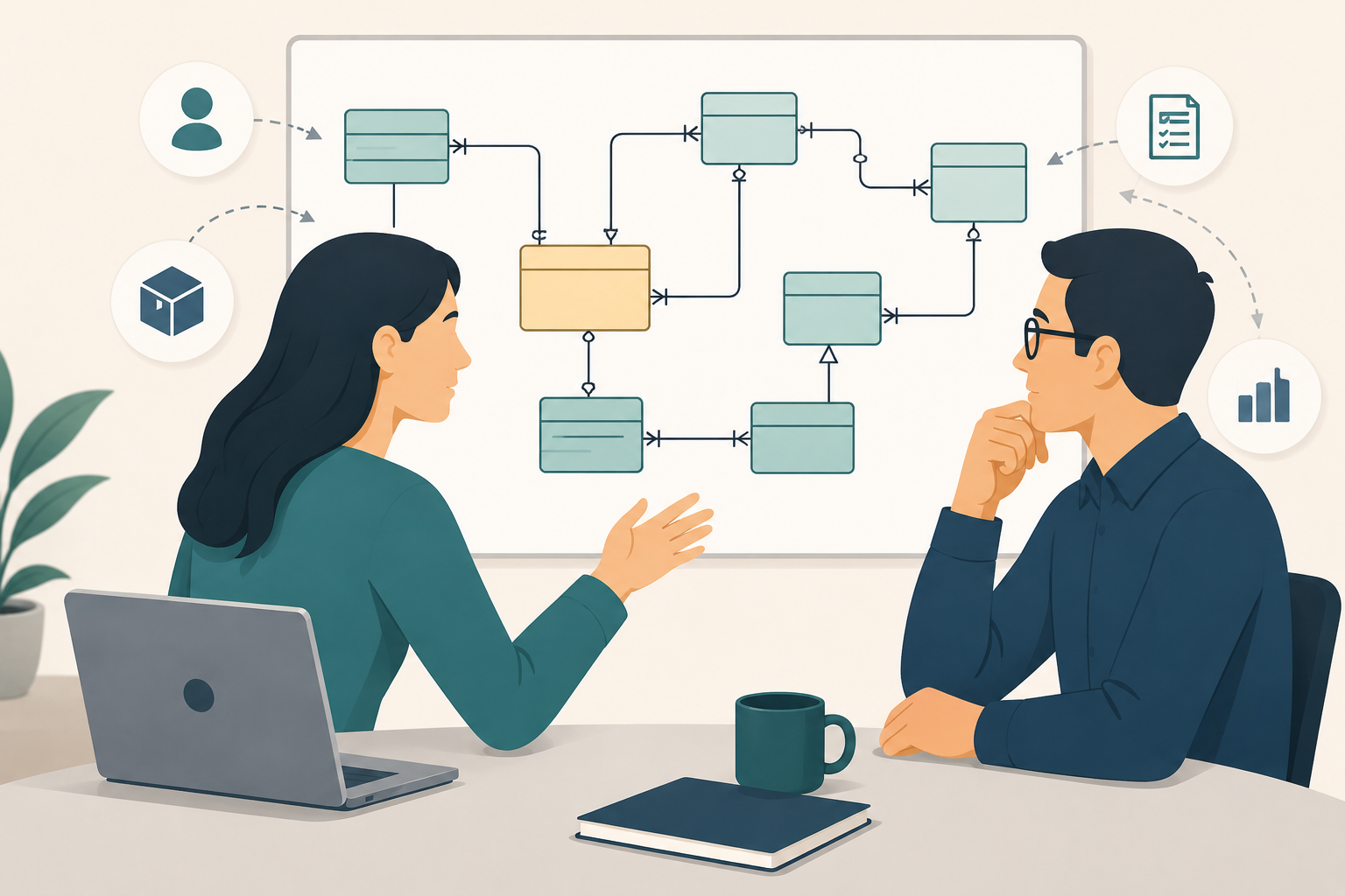 Illustration d'une business analyst en réunion avec un développeur, devant un tableau blanc affichant un modèle de données ERD avec des entités reliées par des cardinalités