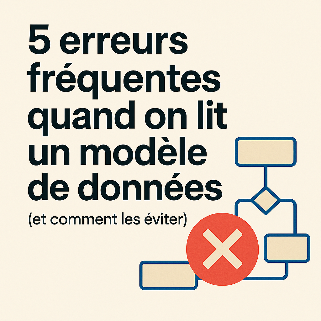 Illustration du titre "5 erreurs fréquentes quand on lit un modèle de données (et comment les éviter)" avec un schéma entité-relation simplifié et un symbole d’erreur rouge, destinée aux Product Owner et Business Analyst qui apprennent à lire un modèle de données.
