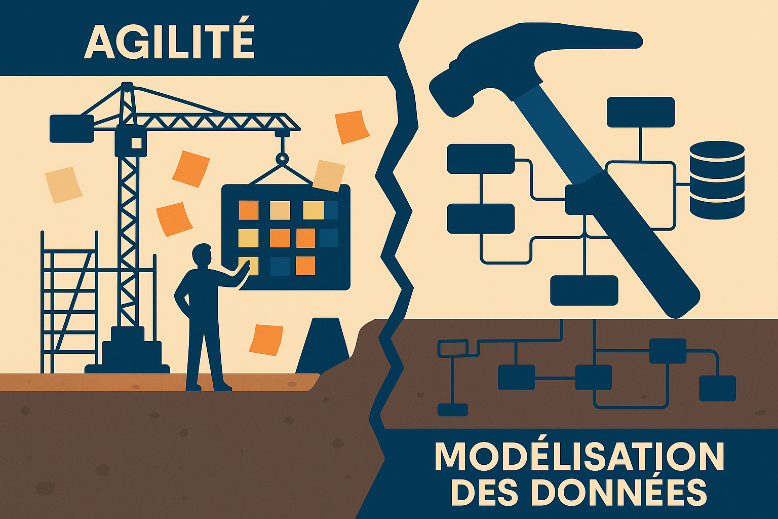 Illustration représentant le contraste entre la gestion de projet agile (construction rapide) et la modélisation des données (fondations structurelles), séparés par une fissure symbolisant le manque de cohérence.