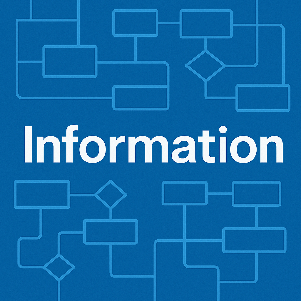 Illustration épurée montrant le mot “Information” en lettres blanches au centre d’un fond bleu, entouré de formes géométriques et de schémas représentant des flux de données et de communication.